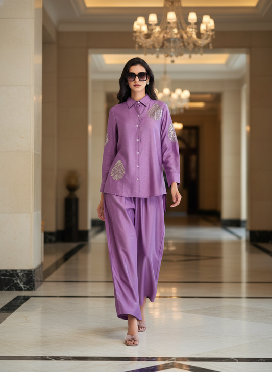 Saroj Purple Viscose Jacquard Co-Ord Set with Hand Sequin Leaf Embellishment Work