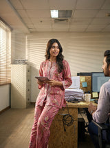 Modal Chanderi Saumya Rust Printed Co-Ord Set with Hand Beaded Placket and Sleeve Detailing