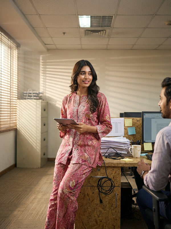 Modal Chanderi Saumya Rust Printed Co-Ord Set with Hand Beaded Placket and Sleeve Detailing