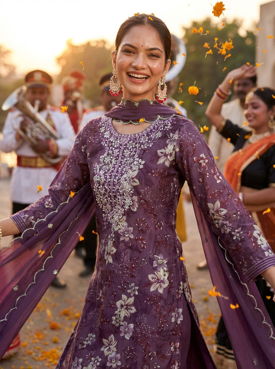 Shehnaaz Purple Floral Hand Embellished Suit Set with Beads, Glass Bugle, Pearl & Sequins Patti Work in Chanderi Silk with Pure Cotton Mul Lining