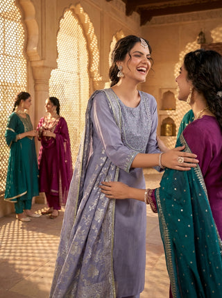 Sehmat Purple Handcrafted Suit Set with Intricate Glass Bugle & Sequin Neck Detailing and Jacquard Dupatta in Pure Muslin with Pure Cotton Mul Lining