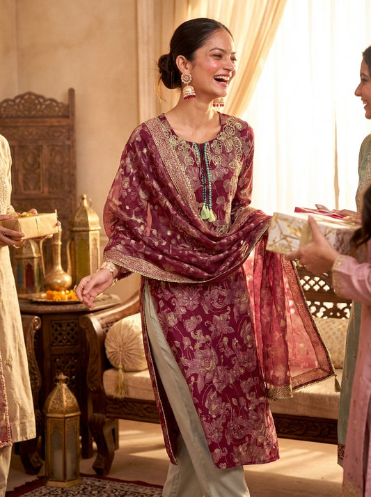 Shehnaaz Maroon Hand Work Kurta Set With Dupatta