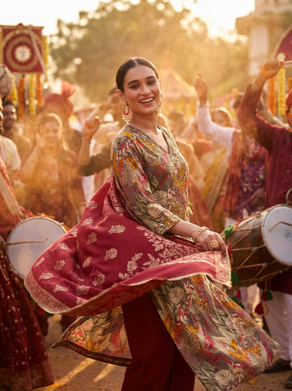 Shehnaaz Brown Floral Printed Hand Beaded and Sequins Embellished Suit Set with Zari Neck Detailing in Chanderi Silk with Pure Cotton Mul Lining