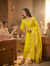 Sehmat Yellow Handcrafted Suit Set with Intricate Glass Bugle & Sequin Neck Detailing and Jacquard Dupatta in Pure Muslin with Pure Cotton Mul Lining
