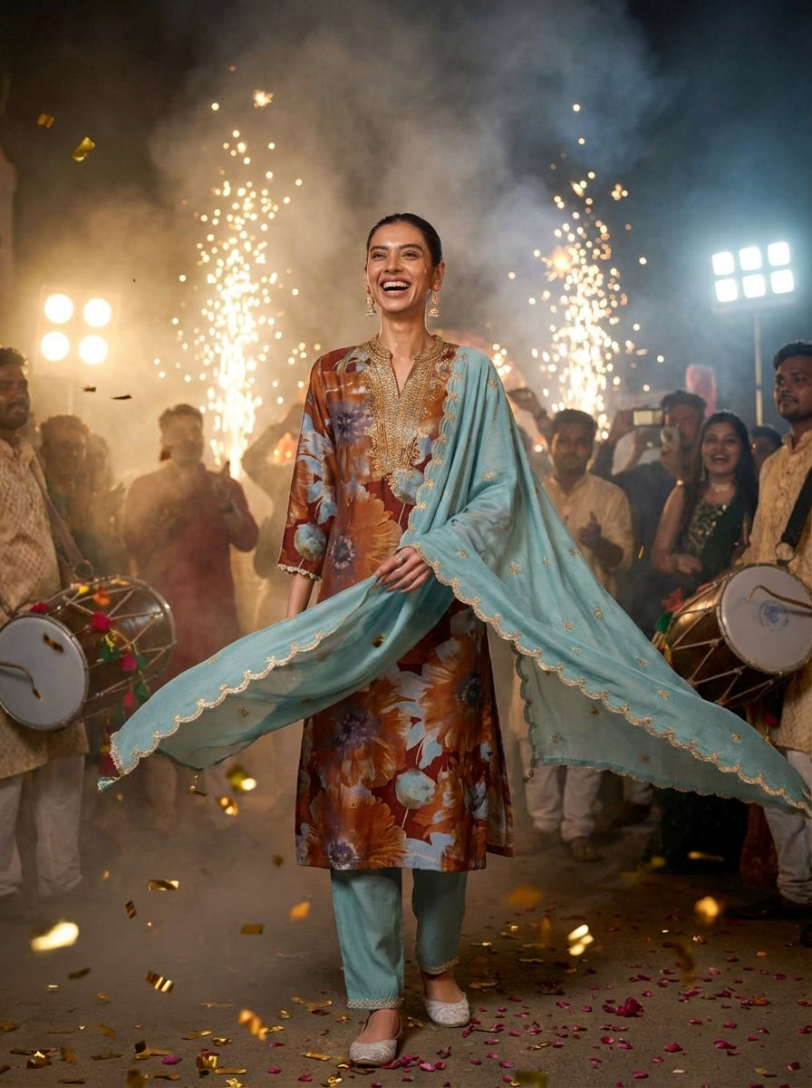 Shehnaaz Rust Hand Bead, Sequins & Zari Embellished Neckline Suit Set in Chanderi Silk with Pure Cotton Mul Lining