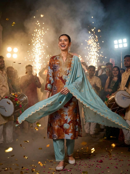 Shehnaaz Rust Hand Bead, Sequins & Zari Embellished Neckline Suit Set in Chanderi Silk with Pure Cotton Mul Lining