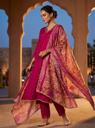 Shikha Fuchsia Sequin & Glass Bugle Embellished Neck Kurta Set with Lace Hem Dupatta in Pure Muslin with Cotton Mul Lining