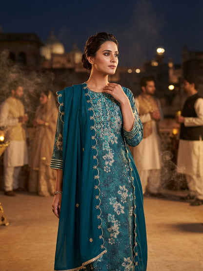 Shehnaaz Blue Floral Hand Embellished Suit Set with Beads, Glass Bugle, Pearl & Sequins Patti Work in Chanderi Silk with Pure Cotton Mul Lining