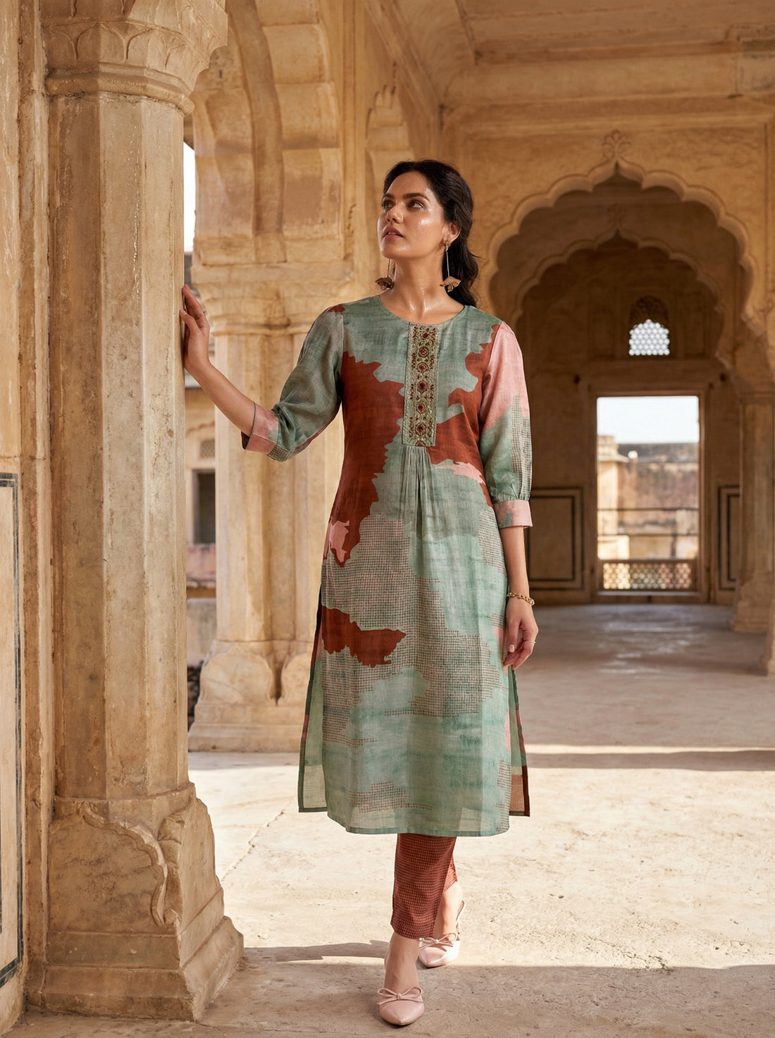 Tanya Pink Printed Satin Silk Kurta Set with Handcrafted Bead, Sequin & Thread Embroidered Designer Placket with Cotton Mul Lining
