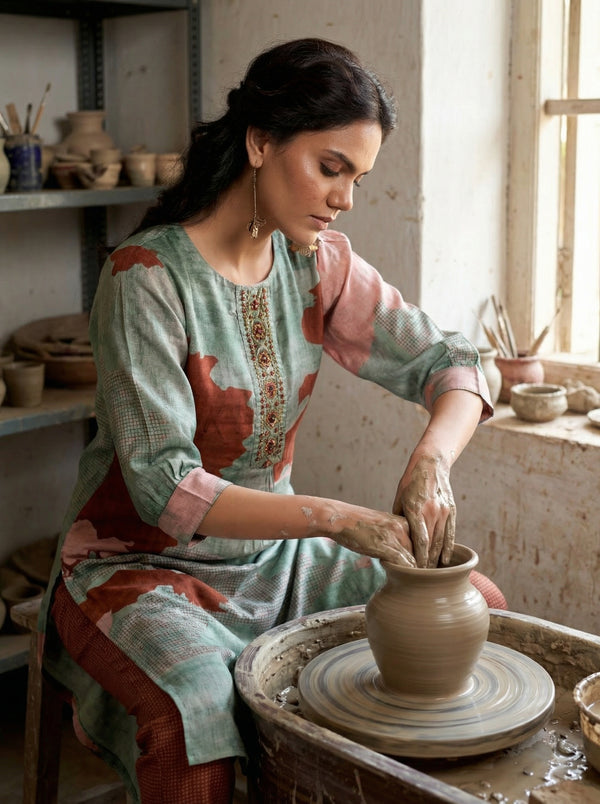 Tanya Pink Printed Satin Silk Kurta Set with Handcrafted Bead, Sequin & Thread Embroidered Designer Placket with Cotton Mul Lining