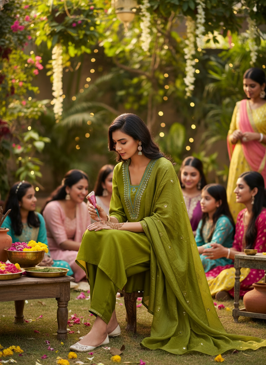 Tapasya Green Resham Embroidered Kurta Set with Sequins Highlighted Sleeves in Chanderi Silk with Cotton Mul Lining and Hand-Embellished Thread & Sequin Dupatta