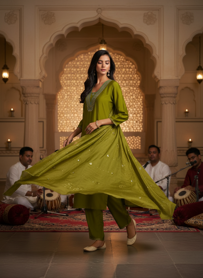 Tapasya Green Resham Embroidered Kurta Set with Sequins Highlighted Sleeves in Chanderi Silk with Cotton Mul Lining and Hand-Embellished Thread & Sequin Dupatta