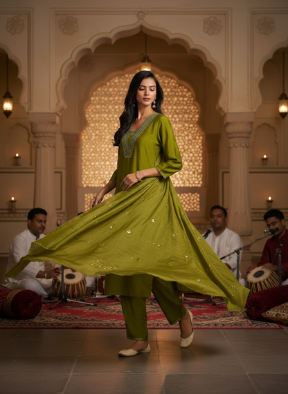Tapasya Green Resham Embroidered Kurta Set with Sequins Highlighted Sleeves in Chanderi Silk with Cotton Mul Lining and Hand-Embellished Thread & Sequin Dupatta