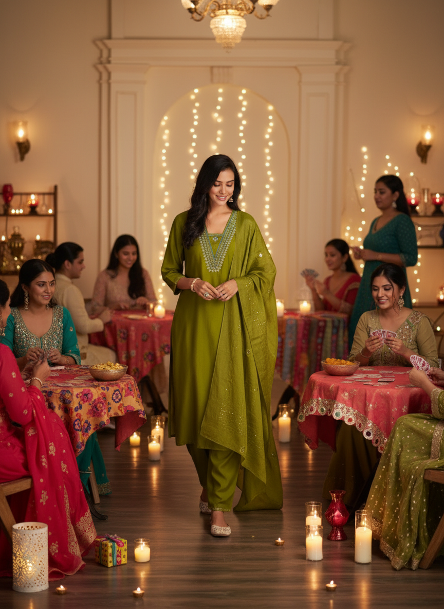 Tapasya Green Resham Embroidered Kurta Set with Sequins Highlighted Sleeves in Chanderi Silk with Cotton Mul Lining and Hand-Embellished Thread & Sequin Dupatta