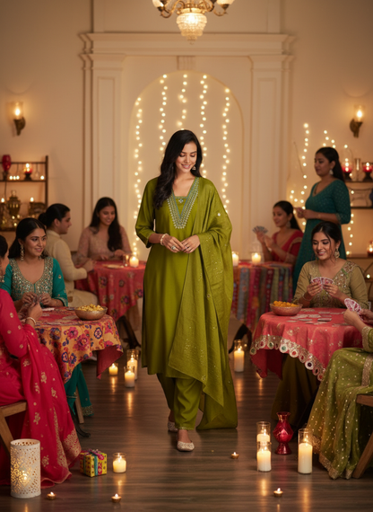 Tapasya Green Resham Embroidered Kurta Set with Sequins Highlighted Sleeves in Chanderi Silk with Cotton Mul Lining and Hand-Embellished Thread & Sequin Dupatta