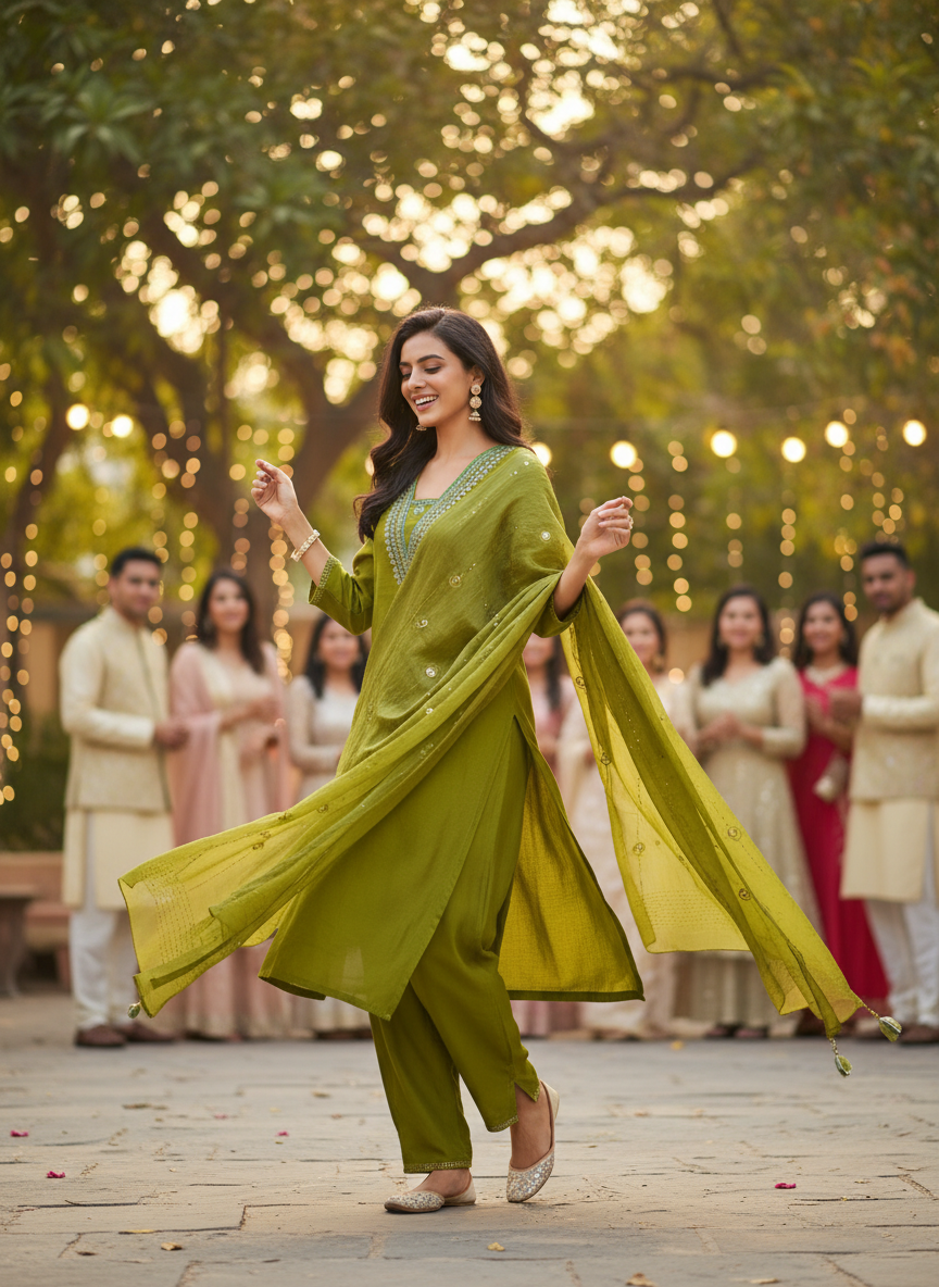 Tapasya Green Resham Embroidered Kurta Set with Sequins Highlighted Sleeves in Chanderi Silk with Cotton Mul Lining and Hand-Embellished Thread & Sequin Dupatta