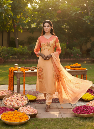 Tasneem Peach Floral Hand-Embellished Kurta Set with Sequin Work & Lace Detailing in Satin Silk with Cotton Mul Lining, Paired with Dupatta