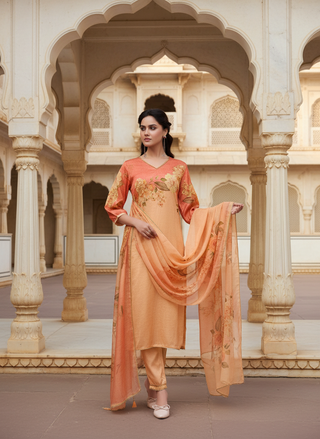 Tasneem Peach Floral Hand-Embellished Kurta Set with Sequin Work & Lace Detailing in Satin Silk with Cotton Mul Lining, Paired with Dupatta