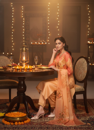 Tasneem Peach Floral Hand-Embellished Kurta Set with Sequin Work & Lace Detailing in Satin Silk with Cotton Mul Lining, Paired with Dupatta
