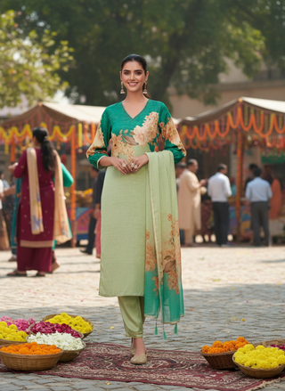 Tasneem Teal Floral Hand-Embellished Kurta Set with Sequin Work & Lace Detailing in Satin Silk with Cotton Mul Lining, Paired with Dupatta