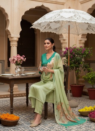Tasneem Teal Floral Hand-Embellished Kurta Set with Sequin Work & Lace Detailing in Satin Silk with Cotton Mul Lining, Paired with Dupatta