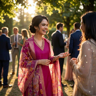 Shikha Fuchsia Sequin & Glass Bugle Embellished Neck Kurta Set with Lace Hem Dupatta in Pure Muslin with Cotton Mul Lining