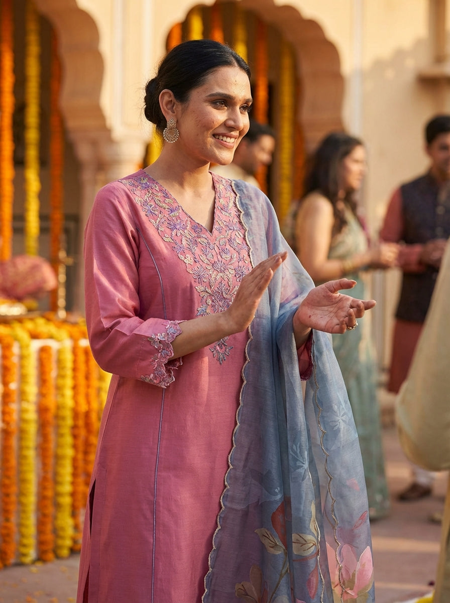 Kayra Blush Pink Hand Bead-Finished Embroidered A-Line Suit Set in Chinnon Silk with Pure Cotton Mul Lining