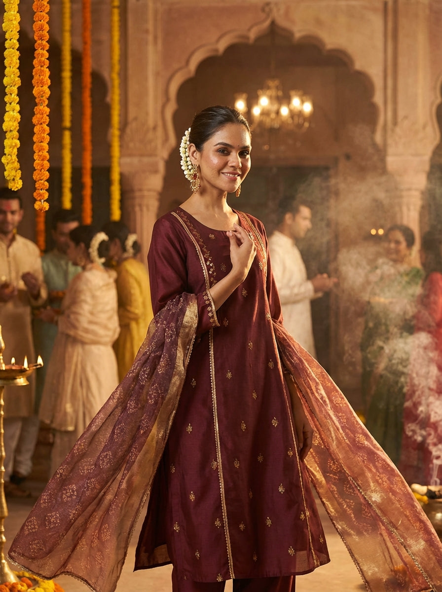 Kayra Maroon Sequins Motif Work A-Line Suit Set with Lace Border Detail in Chinnon Silk with Pure Cotton Mul Lining