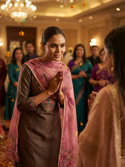 Kayra Brown Hand Bead-Finished Embroidered A-Line Suit Set in Chinnon Silk with Pure Cotton Mul Lining