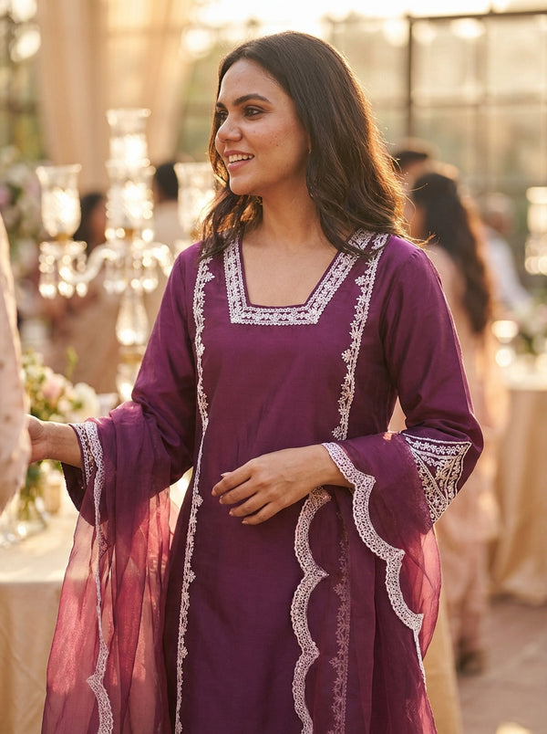 Kayra Wine Hand Aari Embroidered A-Line Suit Set in Chinnon Silk with Pure Cotton Mul Lining
